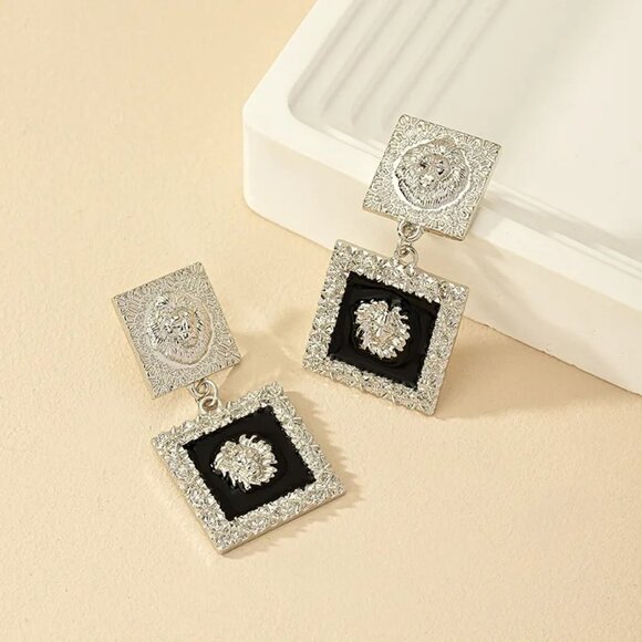 3/$35 Retro Roman Style Silver Black Quadrilateral Lion Patchwork Earrings - Picture 3 of 8